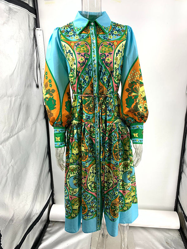 High Waisted Loose Puff Sleeves Belted Printed Lapel Midi Dresses