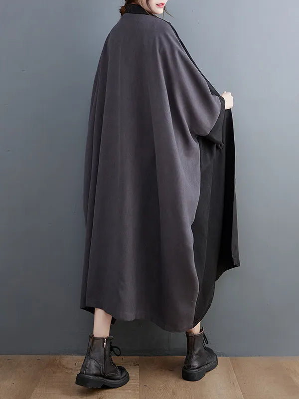 Long Sleeves Loose Buttoned Contrast Color Split-joint Lapel Collar Midi Dresses