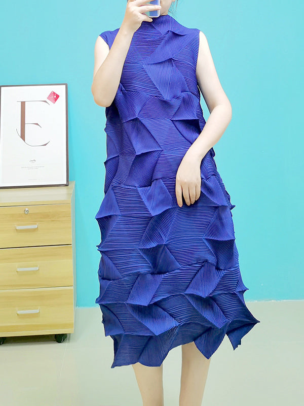 Sleeveless Irregularity Pleated Color Stand Collar Midi Dresses