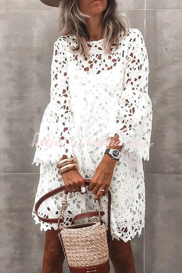 Presence Crochet Lace Bell Sleeve Mini Dress