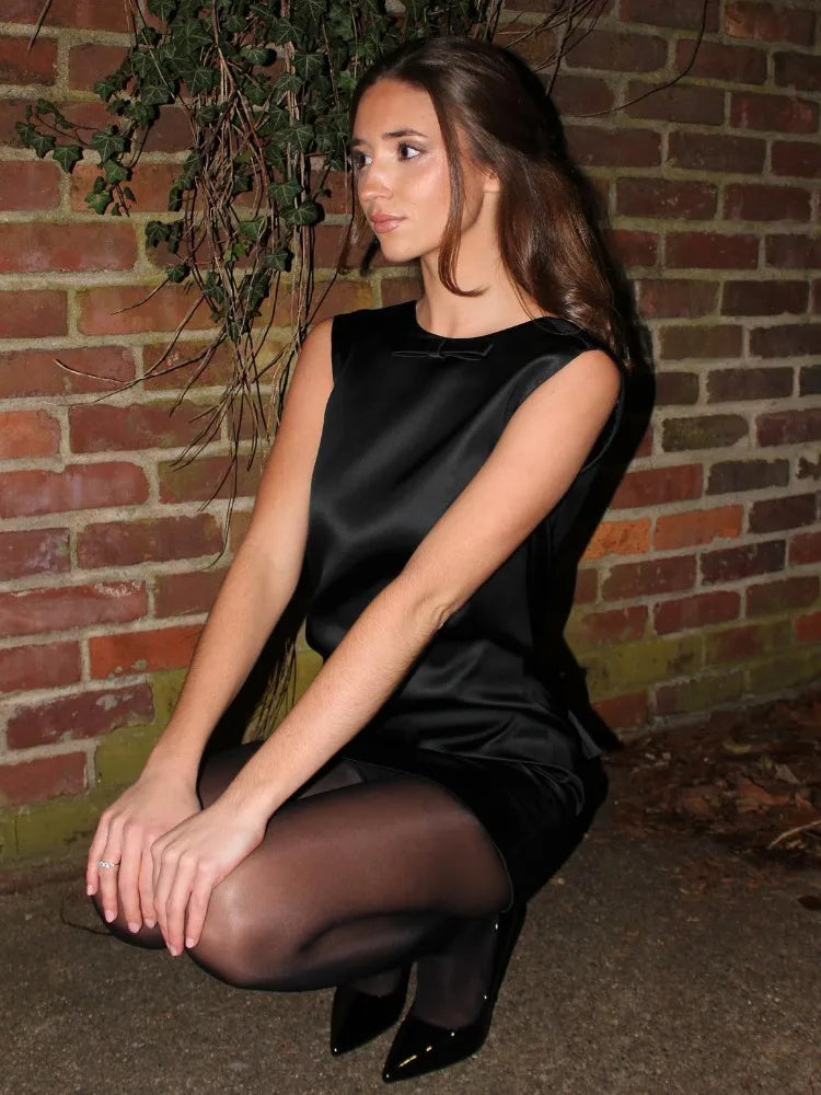 Satin Mini Dress for Backless Bow Clothes Sleeveless Tank Dresses Femme Party Evening Dress Woman