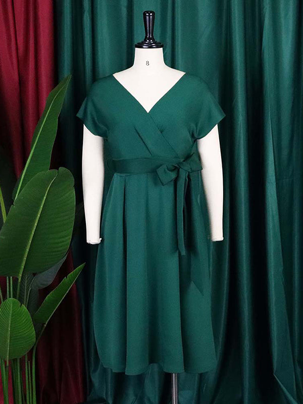 Bowknot Lace-up Color V-neck Midi Dresses