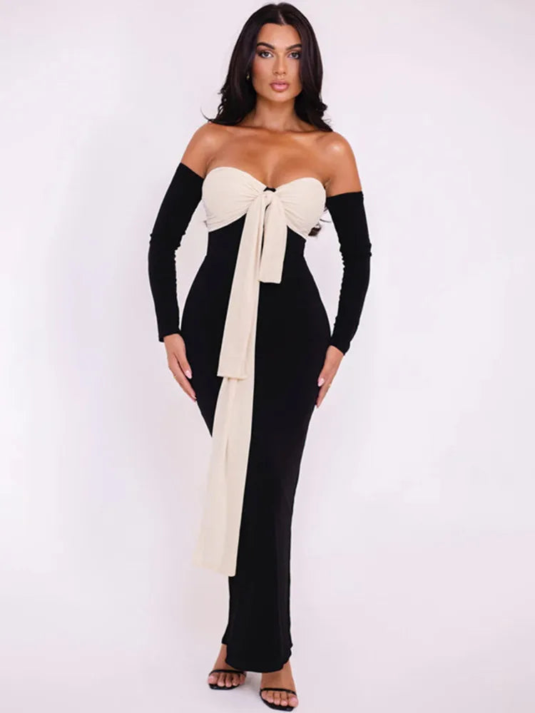 Patchwork Off-shoulder Maxi Dress for Gown Contrast Color Strapless Long Sleeve Bodycon Long Dress