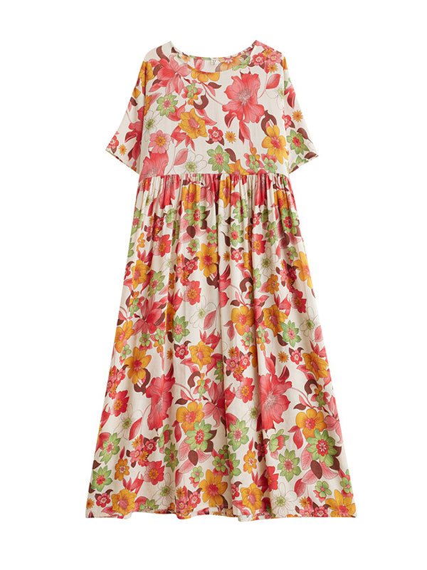 Loose Short Sleeves Pleated Printed Split-joint Round-neck Midi Dresses