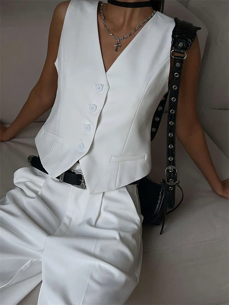 V-neck Sleeveless Female 2 Piece-set Slim Straight Trousers Pocket High Street Outfits Shorts Sets