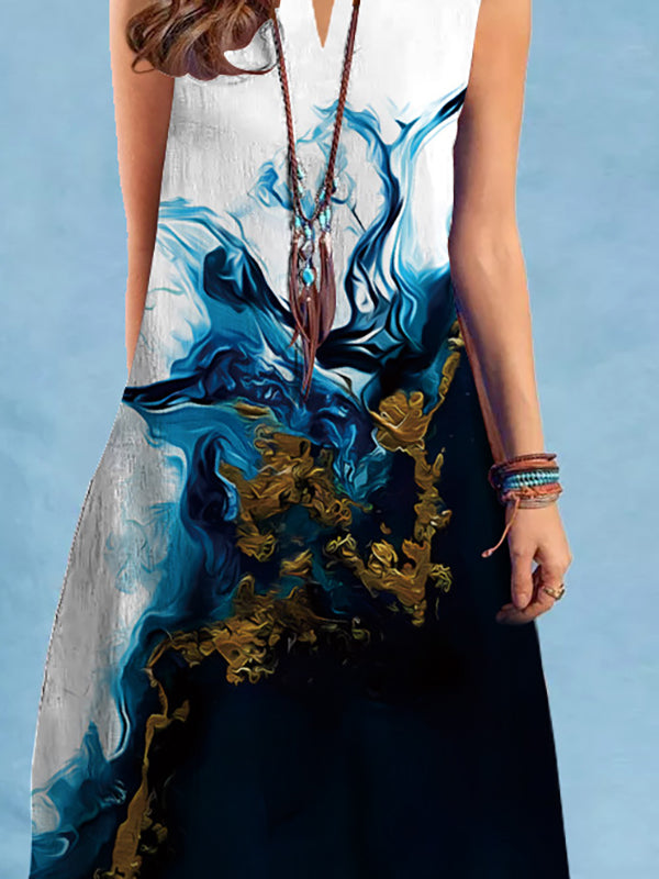 Loose Printed V-neck Mini Dresses