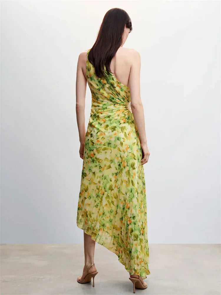 Female Dress Gown Pleated One-shoulder Sleeveless Summer Party Dress Slim for Maxi Dress