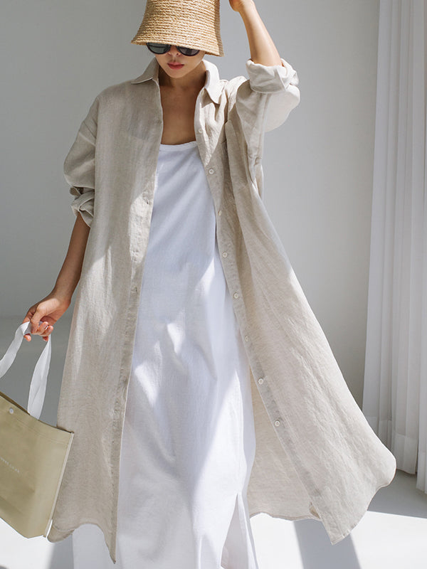 Simple Long Sleeves Split-side Color Lapel Midi Dresses Shirt Dress