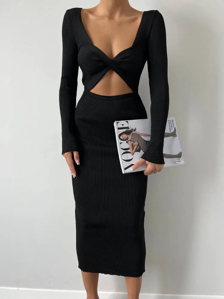 Knitwear Ribbed Hollow Out Long Dress – ’s Twist Long Sleeve Patchwork Maxi Dress