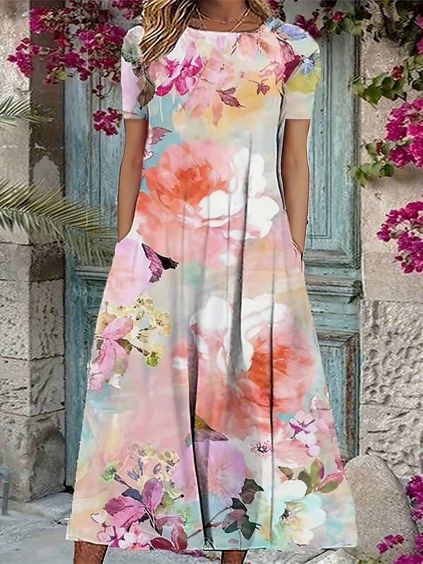 A-line Loose Flower Print Pockets Round-neck Midi Dresses