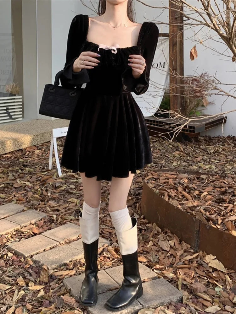Sweet Black Velvet Mini Dress Flare Sleeve Square Collar Autumn Winter France Birthday Party Kawaii Vestidos New