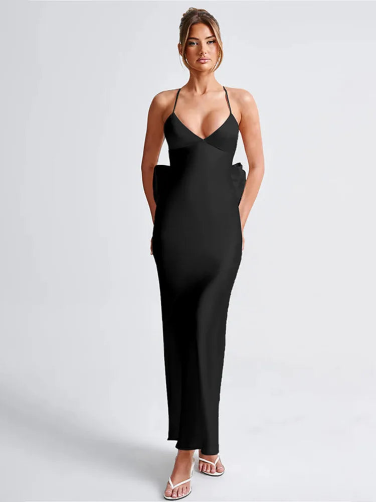 Bow Backless Maxi Dress for Satin Spaghetti Strap V Neck Sleeveless Club Party Long Dress