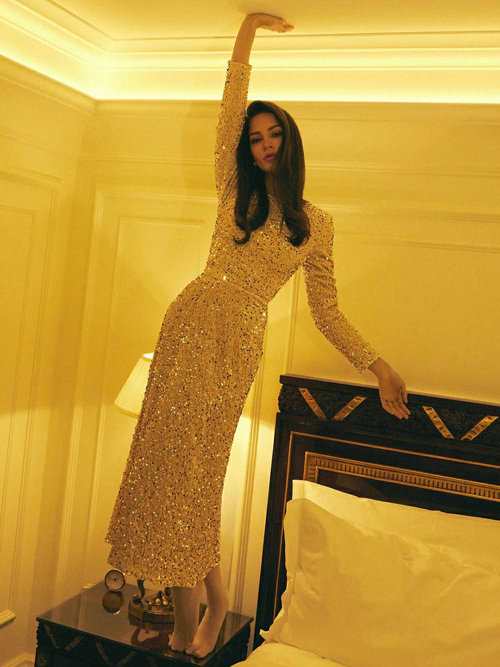 Sequin Decorated Velvet Midi Dress in Beige