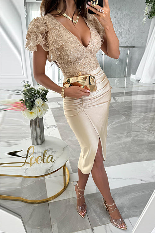 V Neck Flare Sleeves Slit Bodycon Sequin Midi Dress