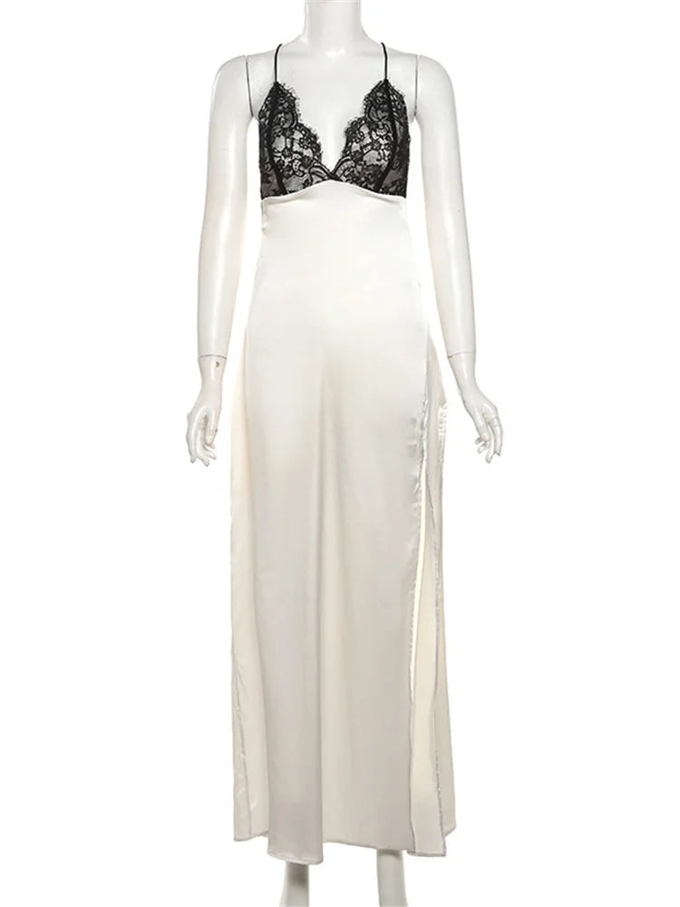 Lace-up Backless Patchwork Maxi Dress – Halter V-neck Summer