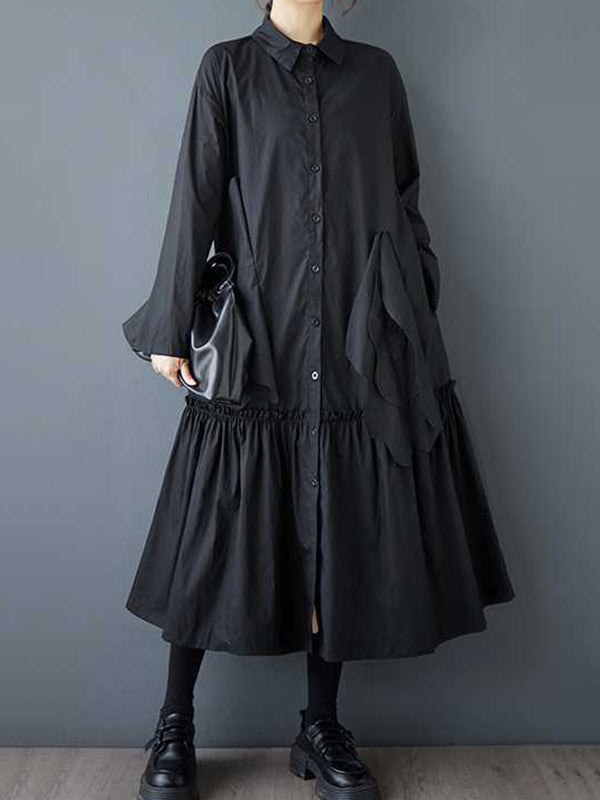 A-line Long Sleeves Buttoned Pleated Pockets Color Split-joint Lapel Midi Dresses