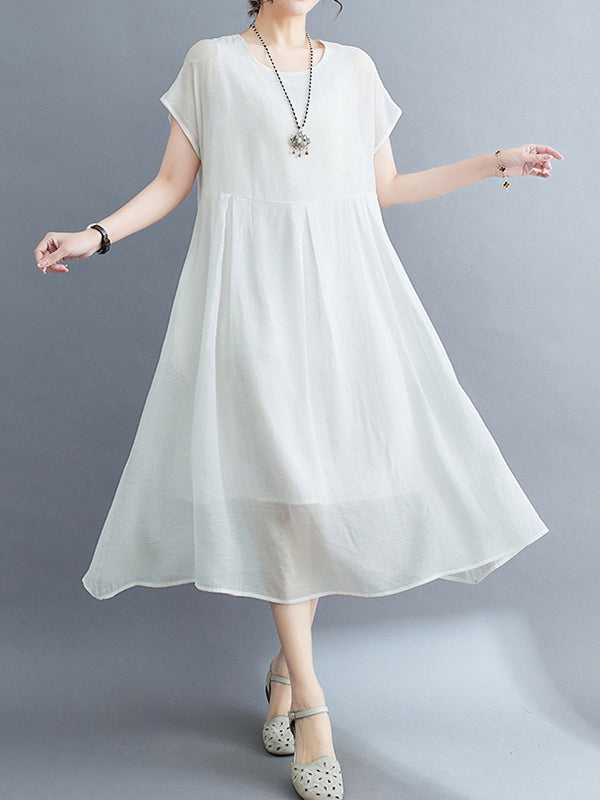Loose Short Sleeves Color Split-joint Round-neck Midi Dresses