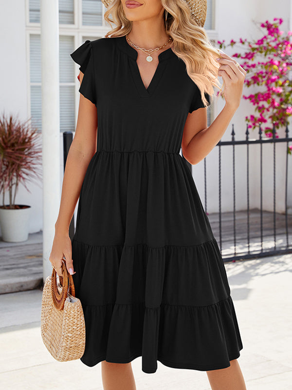 Loose Ruffle Sleeves Pleated Pockets Color Split-joint V-neck Midi Dresses