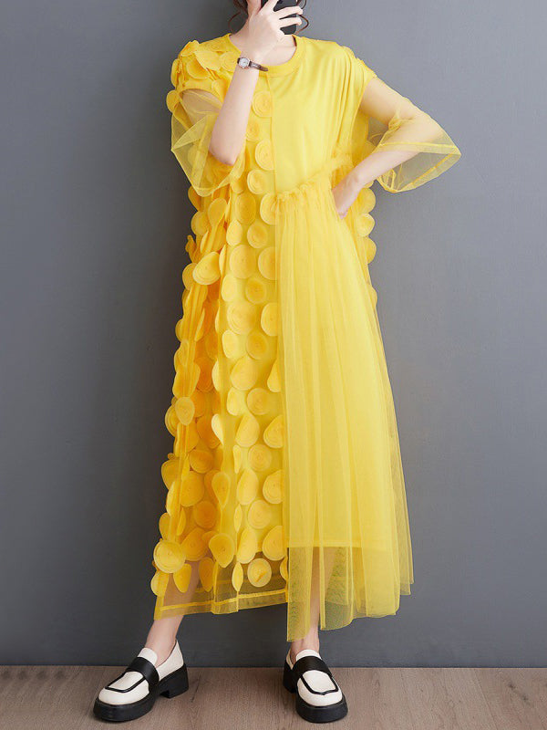 Loose Short Sleeves Asymmetric Gauze Split-joint Round-neck Midi Dresses