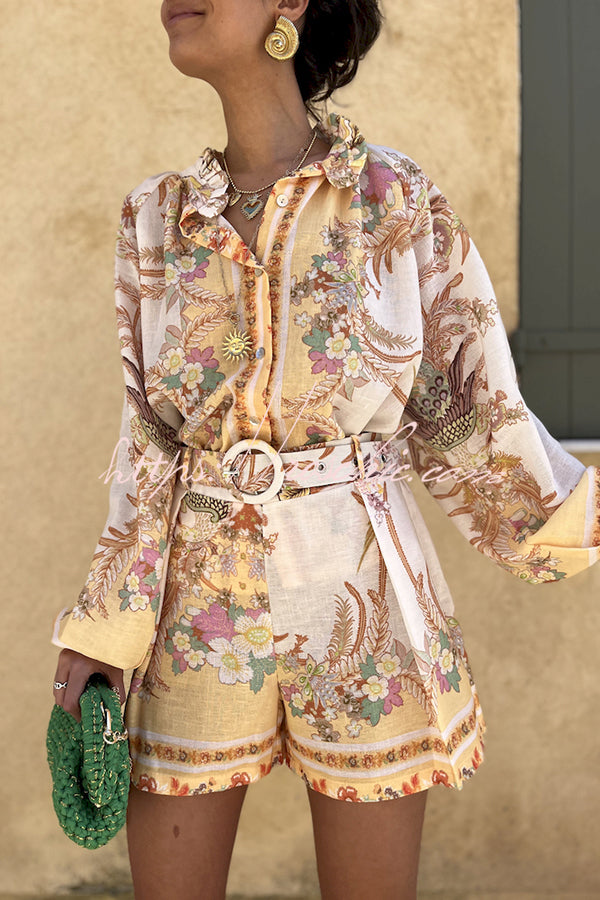 Botanical Print Palace Style Stand-up Collar Lantern Sleeve Loose Top and Shorts Set