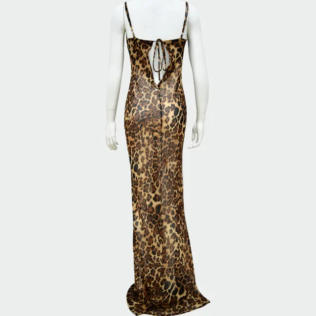 New Leopard Print See-through Suspender Dress Backless Sleeveless Long Dresses High Waist Lace-up Evening Dress