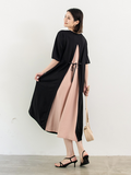 Original Half Sleeves Loose Contrast Color Split-back Round-neck Midi Dresses