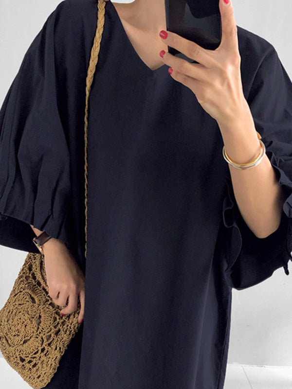 Causal Pleated Raglan Sleeve V-neck Midi Dress