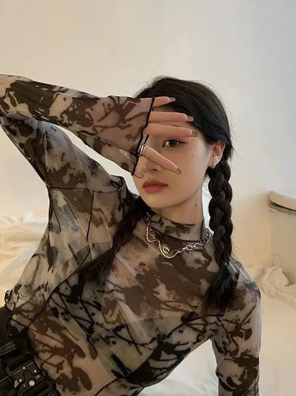 Long Sleeve T-shirts Tie-dye Printed Summer Sun-proof Cropped Tops High Street Gauze Korean Style Teens Retro