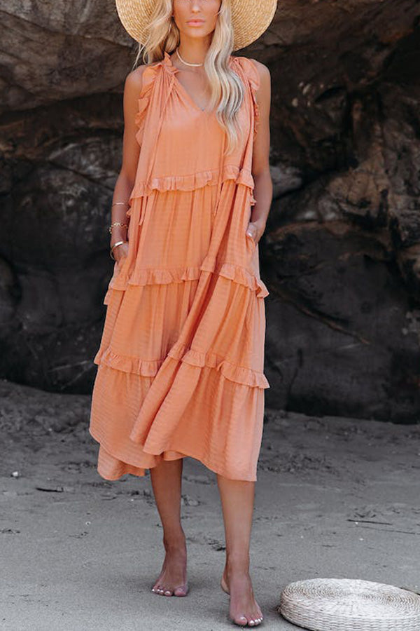 Cotton Blend Pocketed Tiered Midi Dress