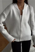 Crew-neck Long-sleeve Zip Knit Cardigan