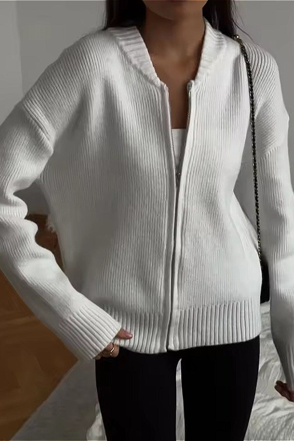 Crew-neck Long-sleeve Zip Knit Cardigan