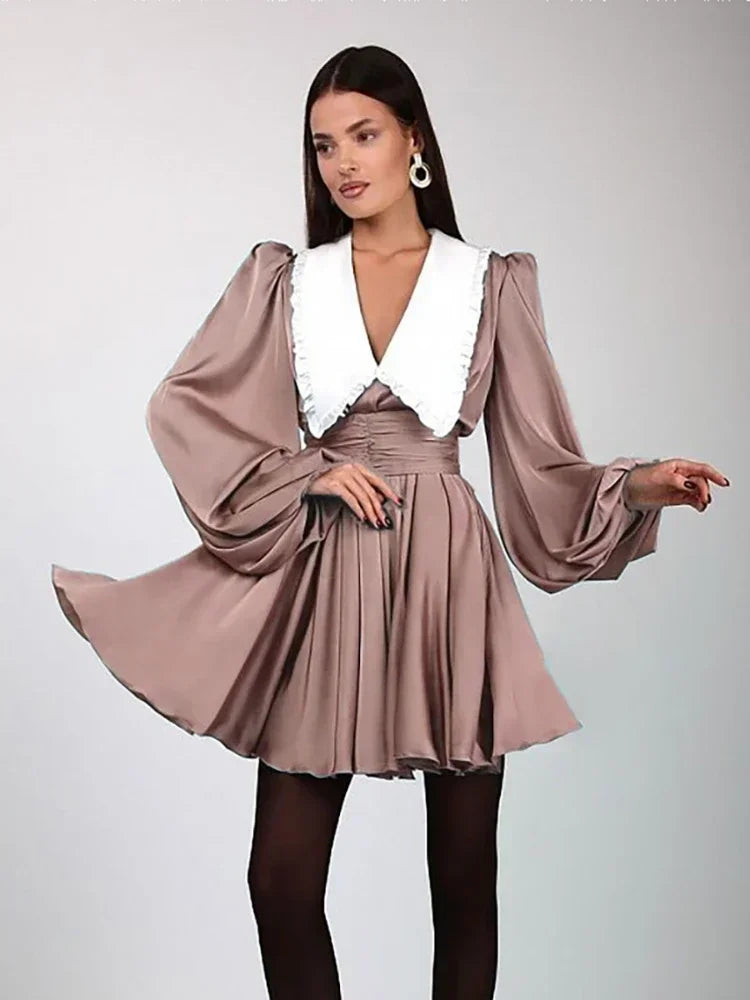 Deep V Neck Folds Dress for Ruffles Turn Collar Belt Mini Dresses Lady Retro Party Evening Dress Female New