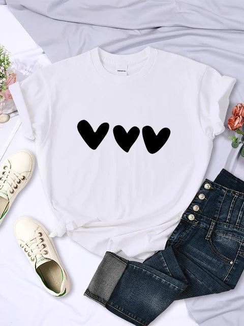 Black Heart Printing Female T-shirts Personality Street Short Sleeve All-math Soft Tee Clothing Breathable Tops