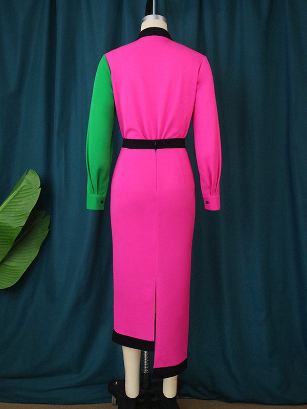 High Waisted Long Sleeves Asymmetric Buttoned Contrast Color Split-back Lapel Midi Dresses