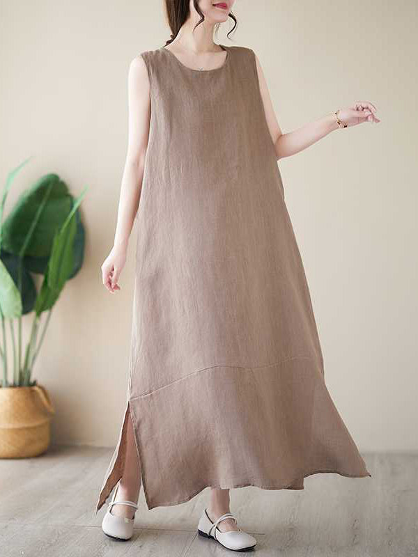 A-line Loose Color Round-neck Midi Dresses