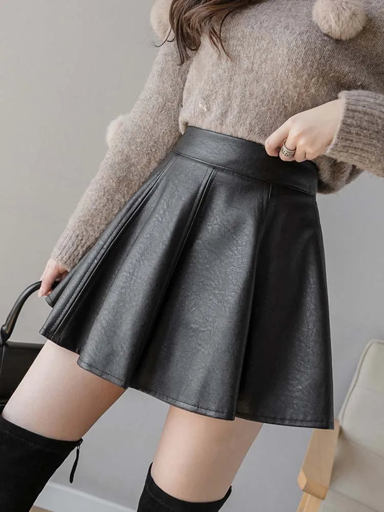 Pu Pleated Skirt Autumn Color Leather Winter Skirts Slim High Waist Saia Faldas Zipper Mini Skirt