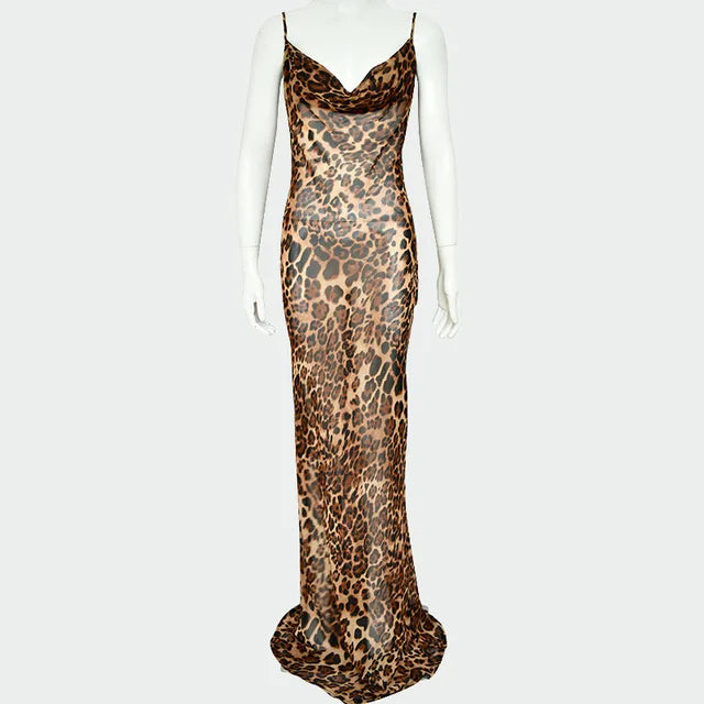 New Leopard Print See-through Suspender Dress Backless Sleeveless Long Dresses High Waist Lace-up Evening Dress