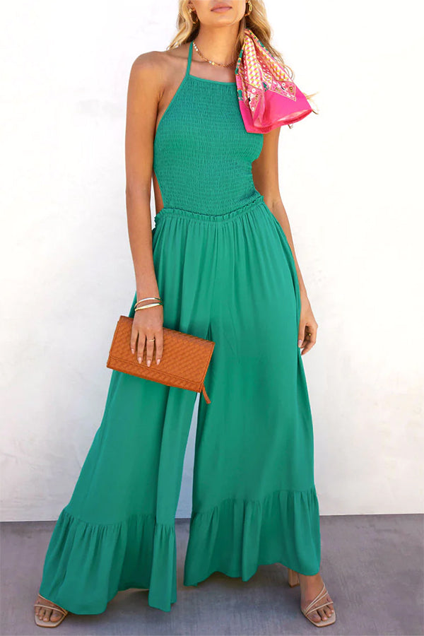 Color Halter Neck Open Back Flared Jumpsuit