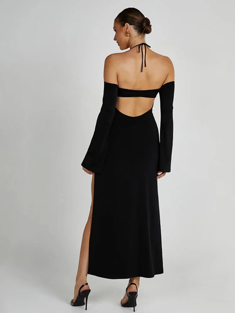 Backless Split Hollow Out Long Sleeve Dress Lace Up Bodycon Maxi Dress Party Club Evening Dress New