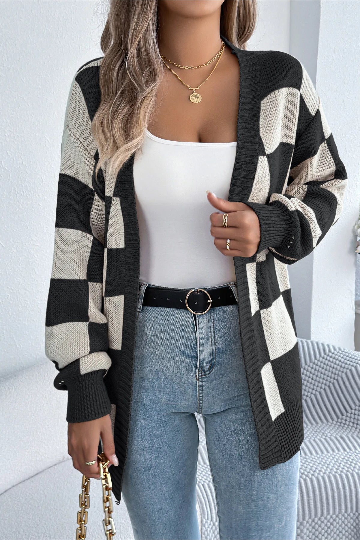 Plaid Knit Loose Cardigan