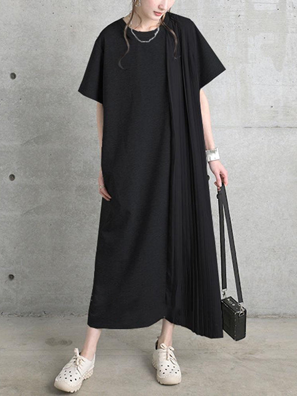 Loose Short Sleeves Pleated Color Split-joint Round-neck Midi Dresses
