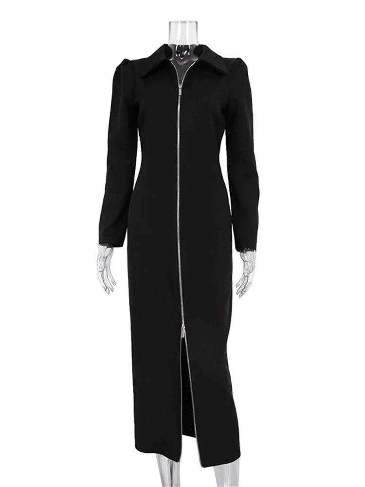 Black Zipper Lapel Maxi Dress for Cardigan Patchwork Slim High Waist Dress