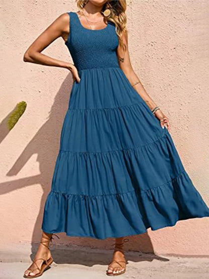 Dresses for Summer Sleeveless Color Long Dress Elastic Waist Beach Party Big Swing