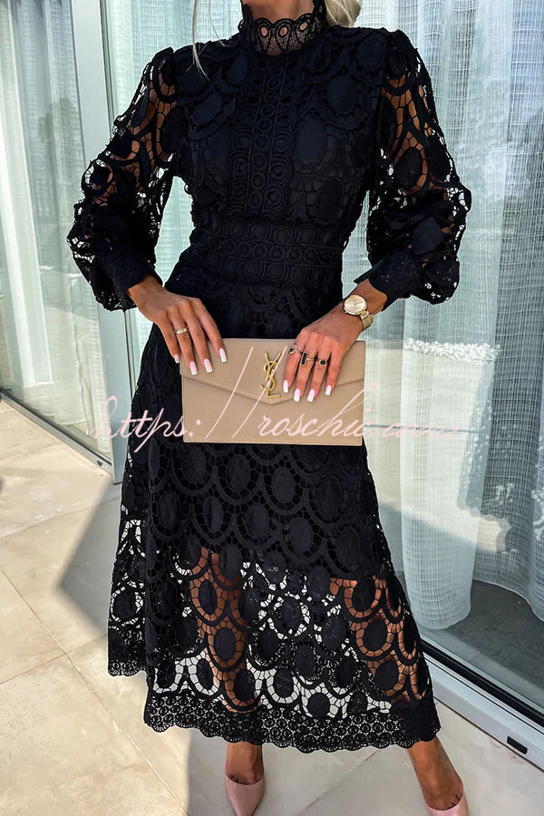 Romantic, Sensual and Crochet Lace Lantern Sleeve Party Midi Dress