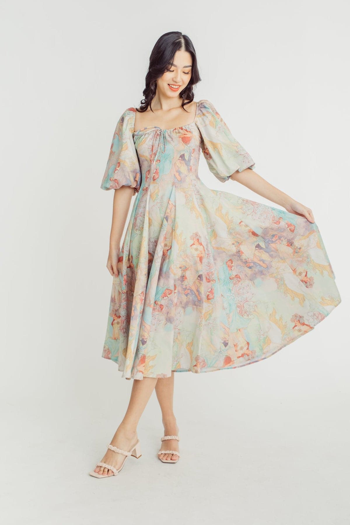 Joyce Printed Lantern Sleeves Midi Dress