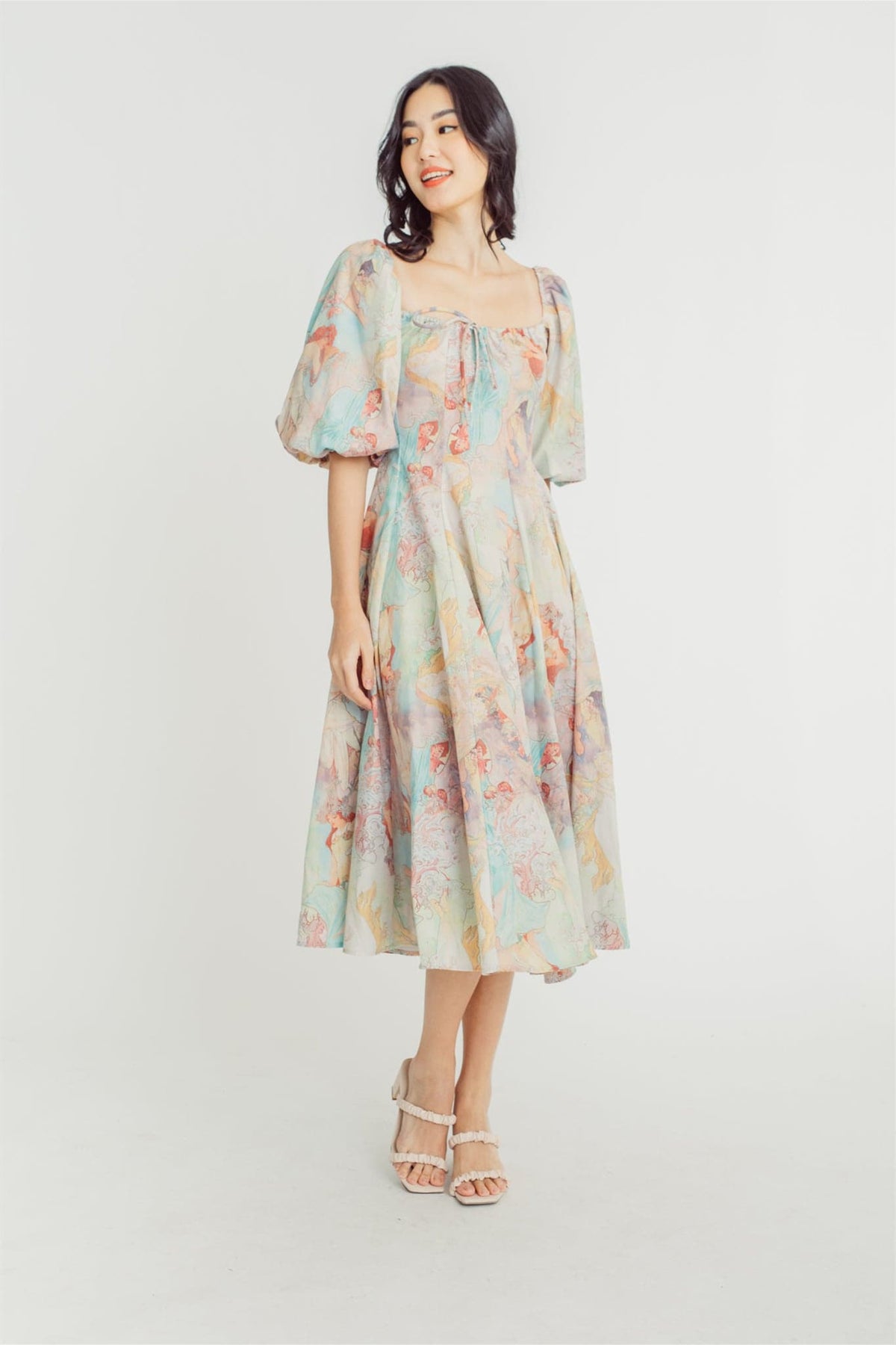 Joyce Printed Lantern Sleeves Midi Dress