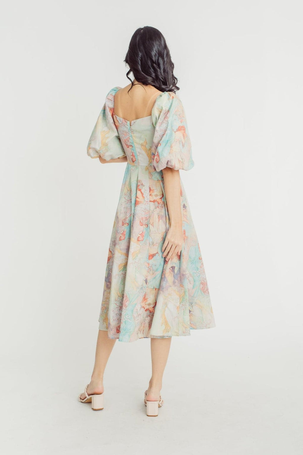 Joyce Printed Lantern Sleeves Midi Dress