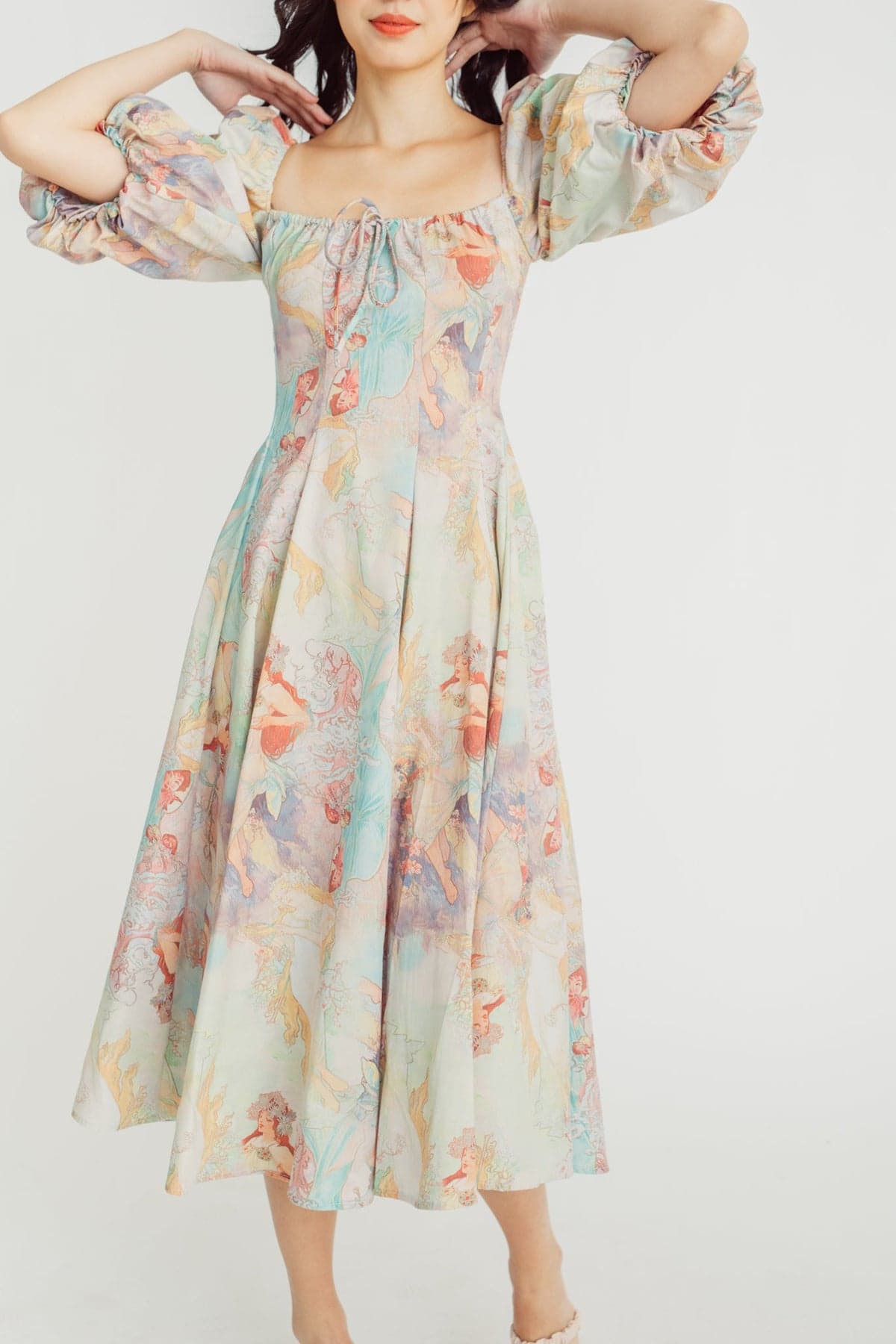 Joyce Printed Lantern Sleeves Midi Dress