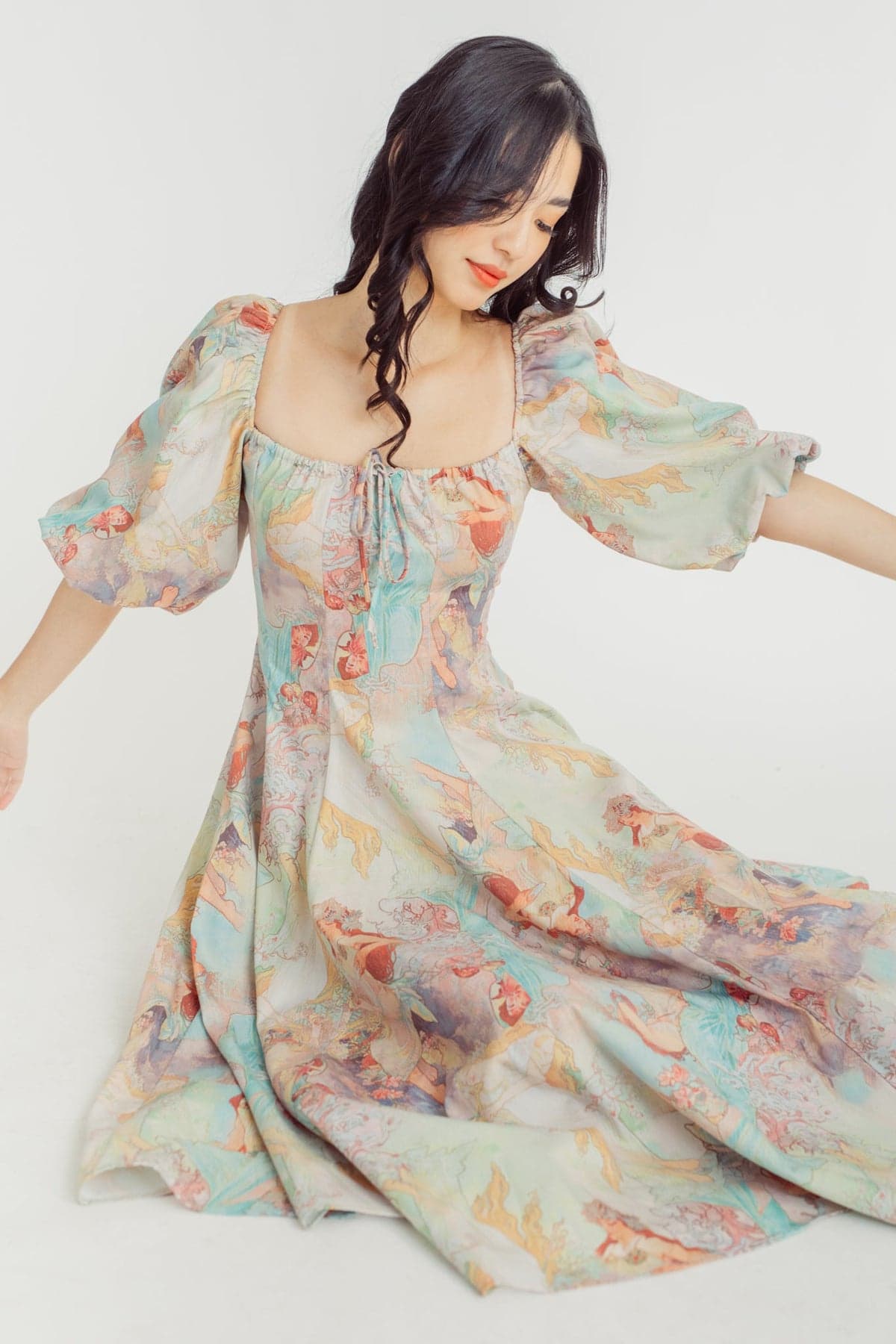 Joyce Printed Lantern Sleeves Midi Dress