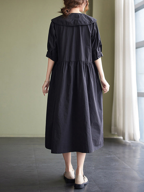 Original Loose Color Buttoned Pleated Midi Dress